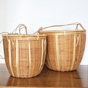 Pair of Hanging Wicker Woven Grass Basket Planters, Boho Home Décor